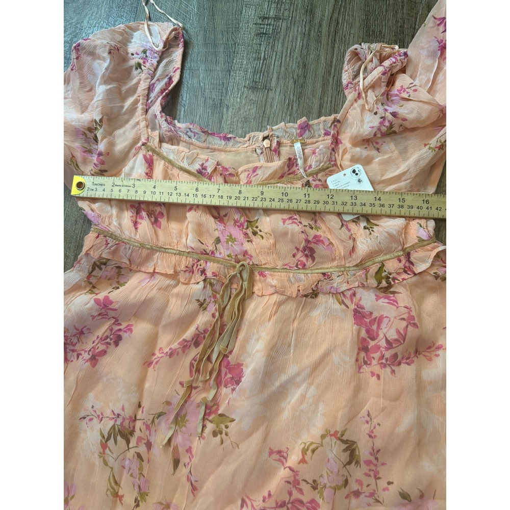 Free People Floral Peasant Puff Sleeve Mini Dress Peach Combo NWT Size M - Picture 8 of 10